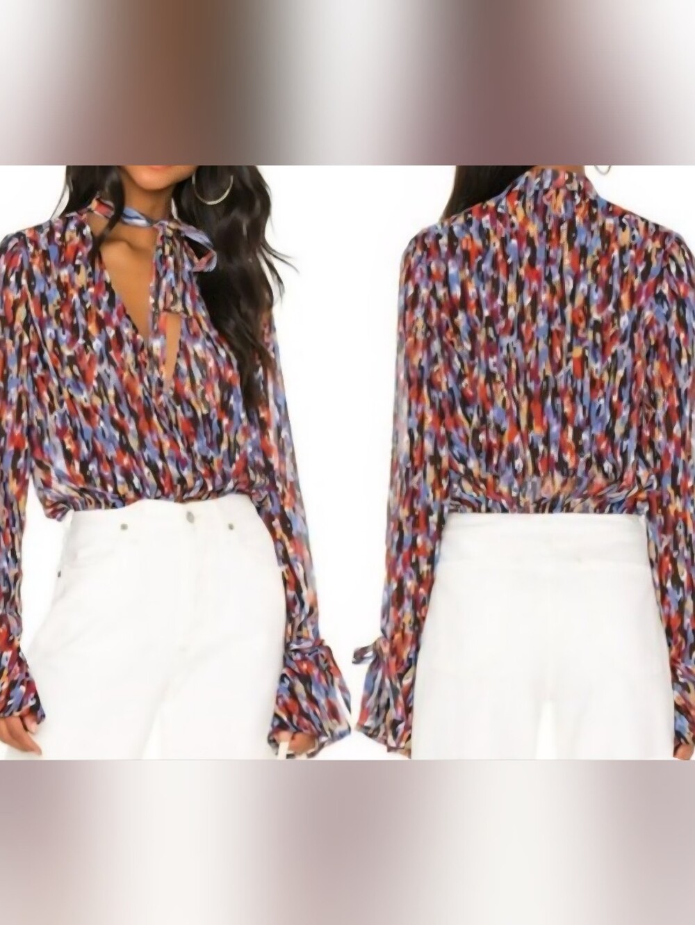 House of Harlow 1960/ REVOLVE Multicolor Abstract Print Tie-Neck Blouse.